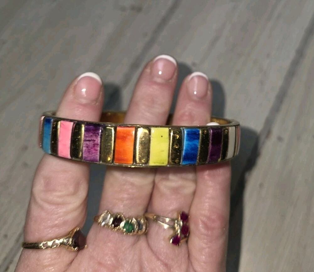 Vintage Colorful Inlaid Stones Bangle Brass Bracelet India Made Beautiful